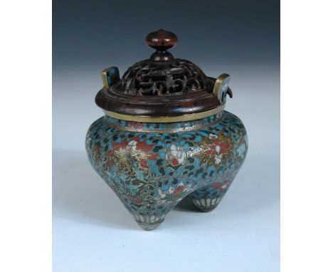 A 19th century cloisonne censer and wood cover, two lug handles raised above the polished circular rim, the turquoise blue gr