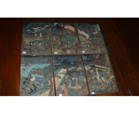 Kuniyoshi (1797-1861), two triptych wood block prints, the first of an army's archers using straw figures for target practice