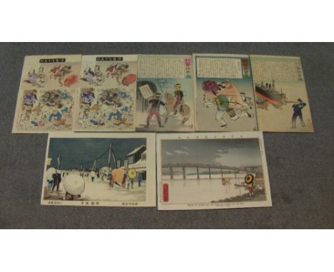 Kiyochika (1847-1915), seven woodblock prints, three sheets from the same series of the Sino Japanese war, two prints of the 