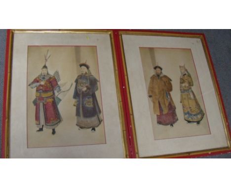 Two early 19th century watercolours of Manchu officials, each with pairs of figures in appropriate dress, one to include a bo