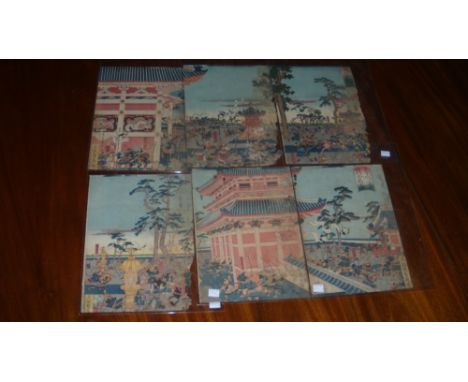 Sadahide (1807-73), two triptych woodblock prints, of battle scenes in and around temple precincts under pine trees  