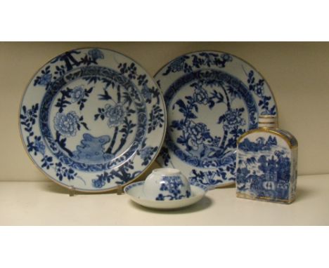 Five pieces of 18th century blue & white, to include a Nankin cargo tea bowl and saucer, a pair of plates centrally painted w