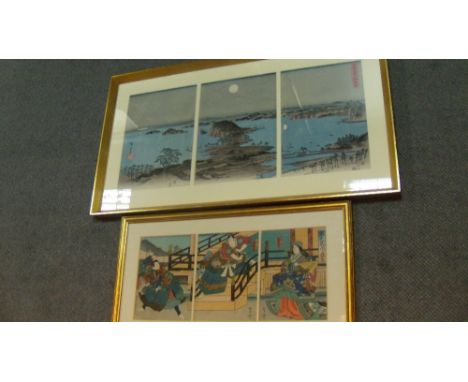 Hiroshige and Yoshitaki(1841-1899) two triptych woodblock prints, the first of pine trees on a coastline by the light of a fu