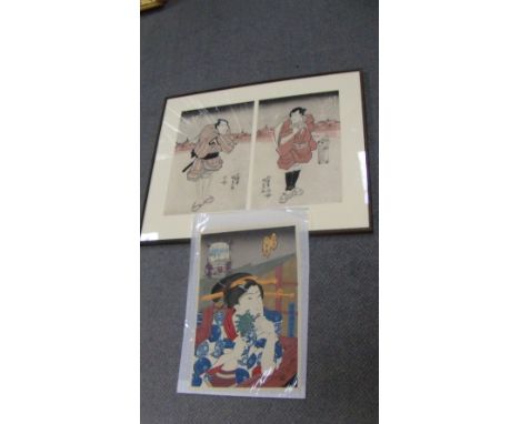 Kunisada (1786-1865), a framed diptych and an unframed woodblock print, the first of the actors Mitsugoro II and Danjuro VII 