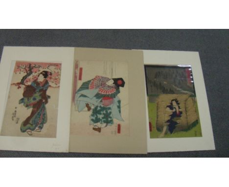Yoshitora (Utagawa c.1830 - 1880) and Kunisada (1786-1865) as Toyokuni III, three woodblock prints, the first with a lady wal