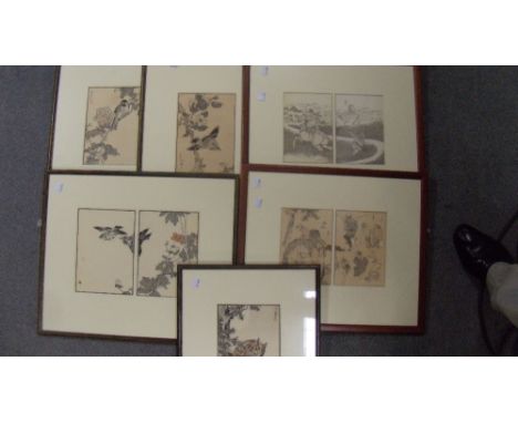 Six frames of nine prints, two pairs from Hokusai's 'Manga' and the remainder of birds by Kono Bairei (1844-95), the largest 
