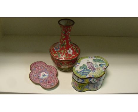 A 19th century Canton enamel quatrefoil box, a tray and later vase,  the box with a yellow ground and the tray pink, both pai