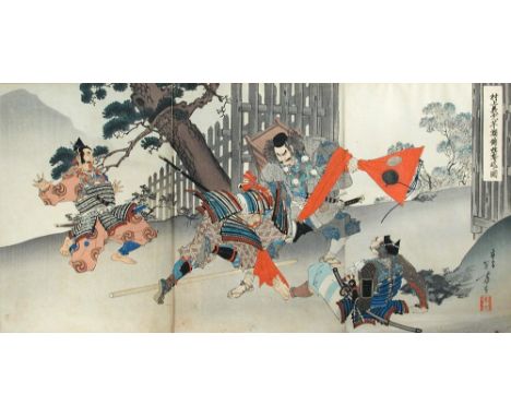Yoshitora (fl 1836-1882), a triptych wood block print, a man repelling three attackers by a gateway using his banner, unframe