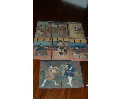 Toyokuni III (1786-1865), two triptychs and a diptych woodblock print, the first with four figures by a pavilion at one end o