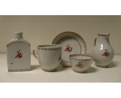 A late 18th/early 19th century child's five piece tea set, each piece painted in sepia with a flower sprig within wavy rim li