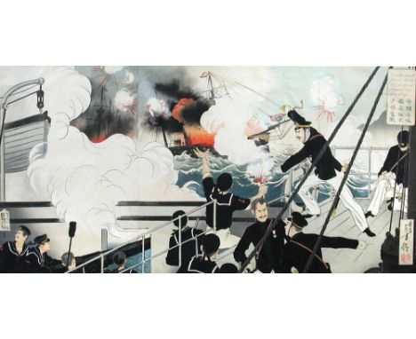 Toshikata (1866-1908), a triptych wood block print, the naval battle scene with the title 'The Terrible War of General Sakamo