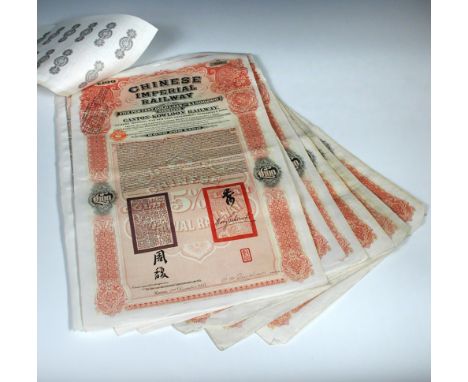 110 Chinese Railway share certificates including one framed example, each for the Canton-Kowloon railway and dated 2nd Decemb