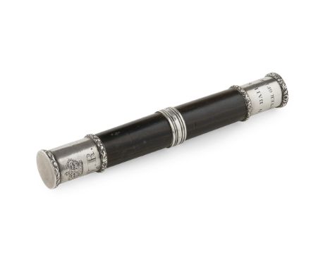 A VICTORIAN SCOTTISH TIPSTAFF  19TH CENTURY  unmarked, the ebony cylindrical shaft with central ribbed mount, the end caps wi