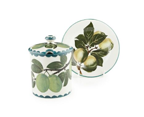 A WEMYSS WARE PRESERVE JAR AND COVER AND A SAUCER  'GREENGAGES' PATTERN, LATE 19TH/ EARLY 20TH CENTURY   the jam pot with imp