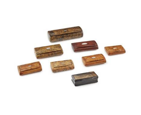 EIGHT HINGED SNUFF BOXES  19TH CENTURY   comprising six burr wood examples, and a further plain wood box, all with horizontal