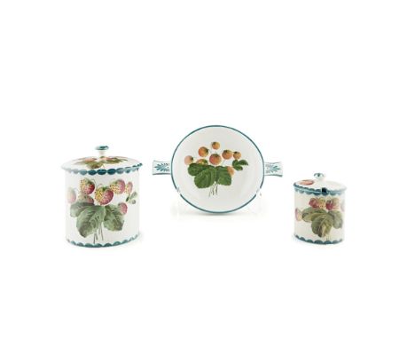 A GROUP OF WEMYSS WARE  'STRAWBERRIES' PATTERN, LATE 19TH/ EARLY 20TH CENTURY   comprising a BISCUIT BARREL AND COVER, painte
