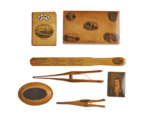 A LARGE GROUP OF MAUCHLINE WARE  19TH CENTURY   comprising a GROUP OF MINIATURE CAULDRONS AND COVERS, the largest with a prin