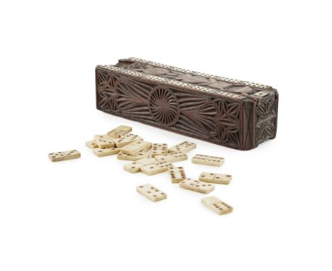 A SCOTTISH CARVED WOOD AND INLAID GAMES BOX  EARLY 19TH CENTURY   of rectangular form, canted corners, the top with bone inla