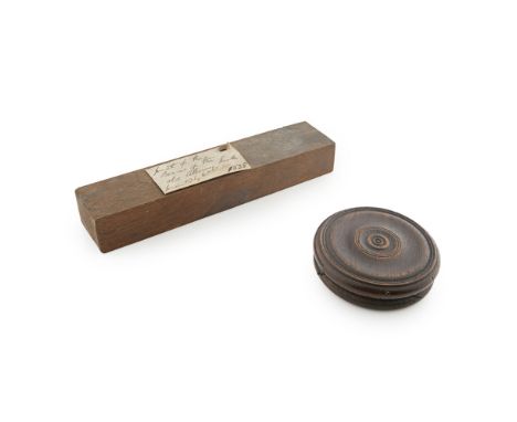 HISTORIC SCOTTISH TREEN  to include a rectangular section of wood with handwritten label attached bearing inscription PART OF