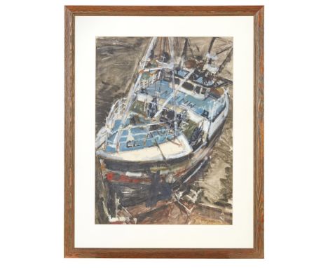[§] MARK SCADDING (B. 1967)  FISHING BOAT   Watercolour  76cm x 55cm Note: These model ships (Lots 197-199) and paintings (lo