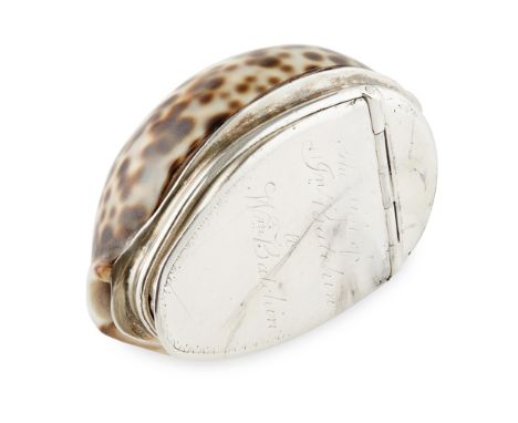 A GEORGE III COWRIE SHELL SNUFF BOX  ALEXANDER AITCHISON &amp; SONS   the polished cowrie shell mounted with flush hinged cov