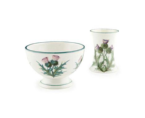 A WEMYSS WARE BEAKER VASE AND FOOTED BOWL  'THISTLES' PATTERN, LATE 19TH/ EARLY 20TH CENTURY   the beaker vase impressed WEMY