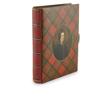 A MAUCHLINE TARTANWARE PHOTOGRAPH ALBUM  CIRCA 1890   the boards in Stuart tartan with central oval panel to the front depict