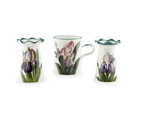A GROUP OF WEMYSS WARE  'IRIS' PATTERN, LATE 19TH/ EARLY 20TH CENTURY   comprising TWO GROSVENOR VASES, both with impressed m