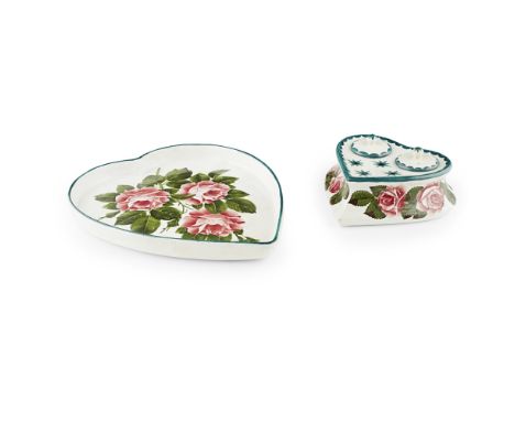 WEMYSS WARE HEART-SHAPED INKWELL AND TRAY  'CABBAGE ROSES' PATTERN, LATE 19TH/ EARLY 20TH CENTURY   the tray with impressed m