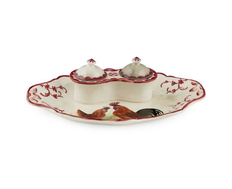 A WEMYSS WARE DOUBLE INKWELL  'BROWN COCKEREL AND HENS' PATTERN, CIRCA 1900   impressed mark WEMYSS WARE/ R. H. &amp; S., pri