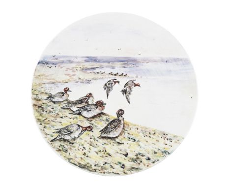 A RARE WEMYSS WARE 'WIDGEON' PLATE  DATED 1908   painted by Karel Nekola, depicting widgeons in a coastal landscape, painted 