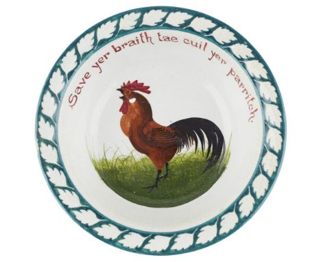 A RARE WEMYSS WARE PORRIDGE BOWL  CIRCA 1900   depicting a brown cockerel within a moulded leafy border, bearing inscription 