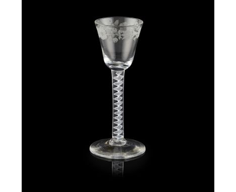 A JACOBITE WINE GLASS  18TH CENTURY   the bucket bowl with engraved trailing border of flowers including a Jacobite rose, ros