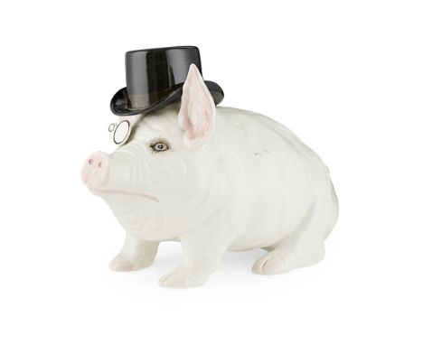 A LARGE AND RARE WEMYSS WARE PIG  CIRCA 1900   covered in a white glaze, with applied top hat and monocle, stamped marks WEMY
