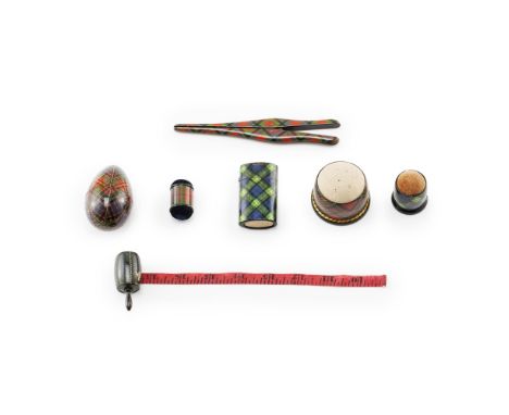 A LARGE GROUP OF MAUCHLINE TARTANWARE  LATE 19TH CENTURY   comprising a GLOVE STRETCHER, in Sinclair tartan, 14cm long; a PIN