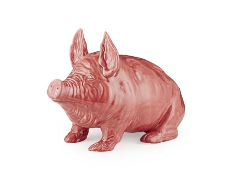 A LARGE WEMYSS WARE PIG  CIRCA 1900  covered in a pink glaze, stamped marks WEMYSS WARE/ R. H. &amp; S.  40cm long