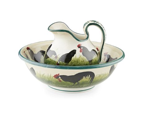 A WEMYSS WARE EWER AND BASIN  'BLACK COCKEREL &amp; HENS' PATTERN, CIRCA 1900   each with impressed mark WEMYSS WARE/ R. H. &