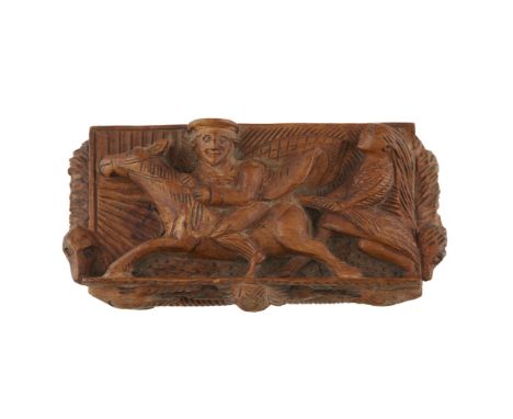 CARVED 'BLINDMAN' TABLE SNUFF BOX  19TH CENTURY   depicting Tam O'Shanter fleeing from a witch on his horse Meg, in high reli
