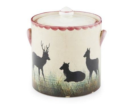 A RARE METHVEN POTTERY PRESERVE JAR AND COVER  CIRCA 1900   decorated with a frieze depicting a stag and hinds in silhouette,