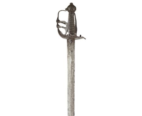 AN ENGLISH MORTUARY HILTED SWORD  CIRCA 1640   the blackened iron hilt pierced and chiselled with portrait masks, the base of
