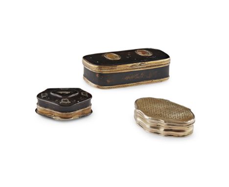 THREE SNUFF BOXES  LATE 18TH/ 19TH CENTURY   comprising a rounded rectangular papier-mâché example, inset with two agate rese