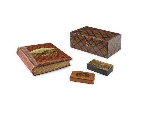 A GROUP OF TARTAN AND MAUCHLINE WARE  19TH CENTURY   comprising a LARGE TARTANWARE BOX, in 'McDuff', opening to a void interi