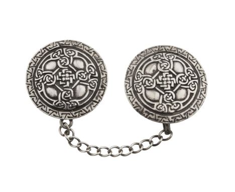 IONA - A PAIR OF CLOAK FASTENERS  ALEXANDER RITCHIE   marked AR/ IONA, Glasgow 1908, each of circular form, cast with Celtic 