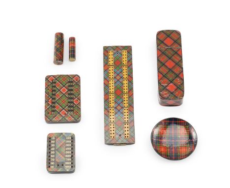 A GROUP OF MAUCHLINE TARTANWARE  19TH CENTURY   comprising a RAZOR BOX in 'MacBeth' tartan containing two folding straight ra