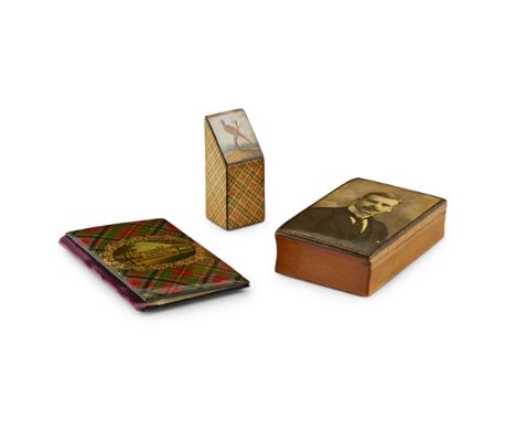 A GROUP OF MAUCHLINE WARE  LATE 19TH CENTURY  comprising a SNUFF BOX, the lid depicting a portrait of a man, interior inscrib