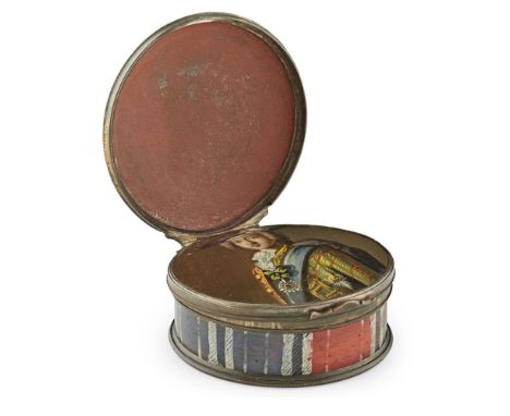 A HIDDEN PORTRAIT JACOBITE ENAMEL SNUFF BOX  MID-18TH CENTURY   the circular box with enamel tartan decoration, the hinged co