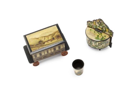 A LARGE GROUP OF MAUCHLINE WARE  19TH CENTURY   comprising a PULLMAN RAIL CRIBBAGE BOX, bears maker's label CLARK &amp; CO., 