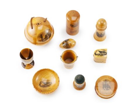 A LARGE GROUP OF MAUCHLINE WARE  19TH CENTURY   comprising a THREAD HOLDER, 9.5cm diameter; an ETUI, containing a sewing kit,