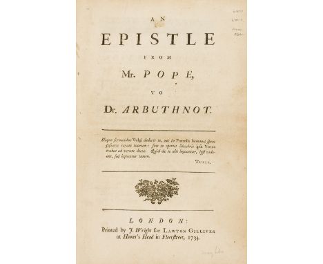 Pope (Alexander) An Epistle from Mr. Pope, to Dr. Arbuthnot, [Foxon, P802], by J.Wright, 1734 § Woodhouse (James) Poems on Su