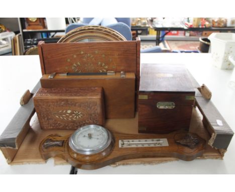 A box of barometer, wooden boxes, pair of oil paintings etc 